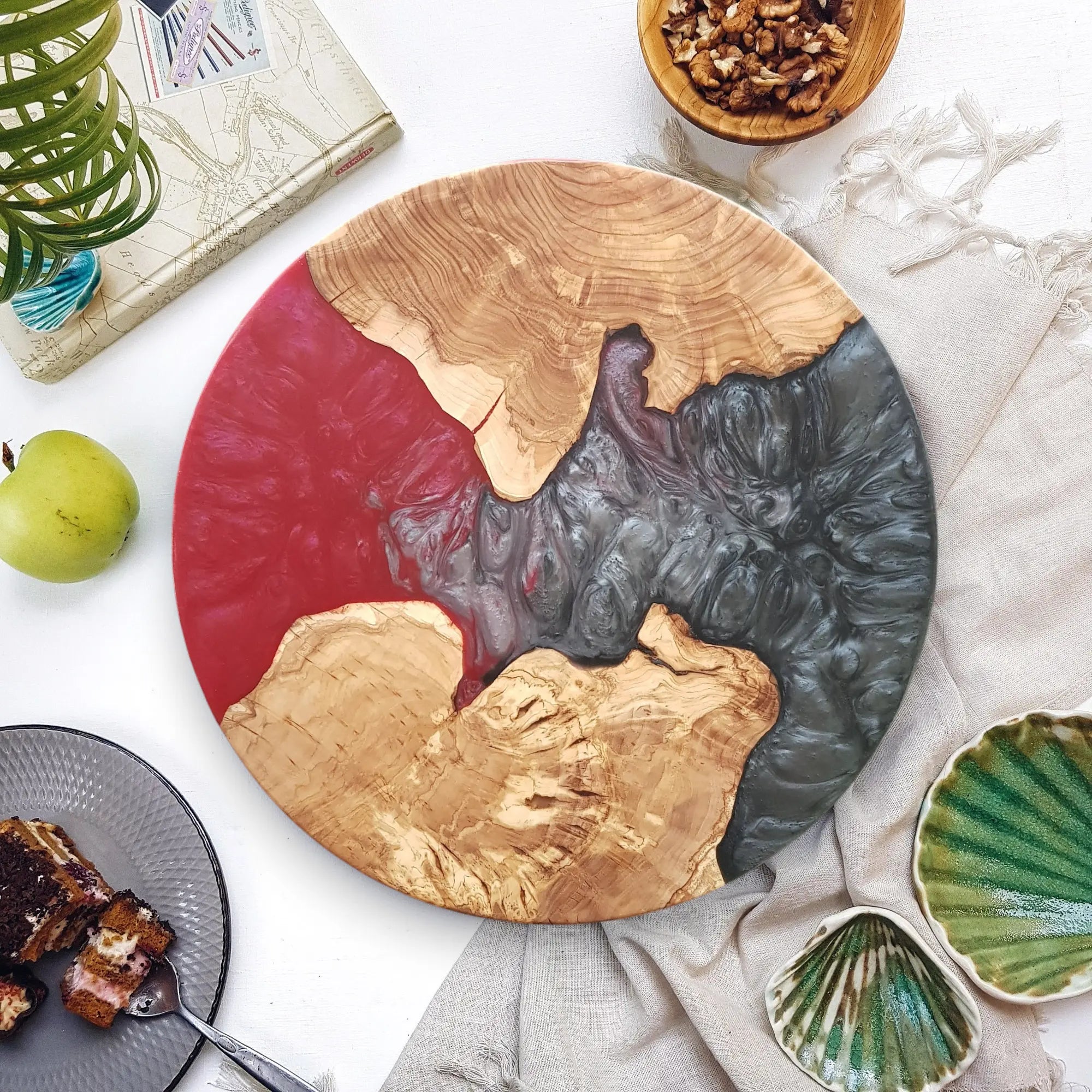 Crimson Obsidian – Handmade Olive Wood & Epoxy Resin Round Serving Board KitchenResinArt